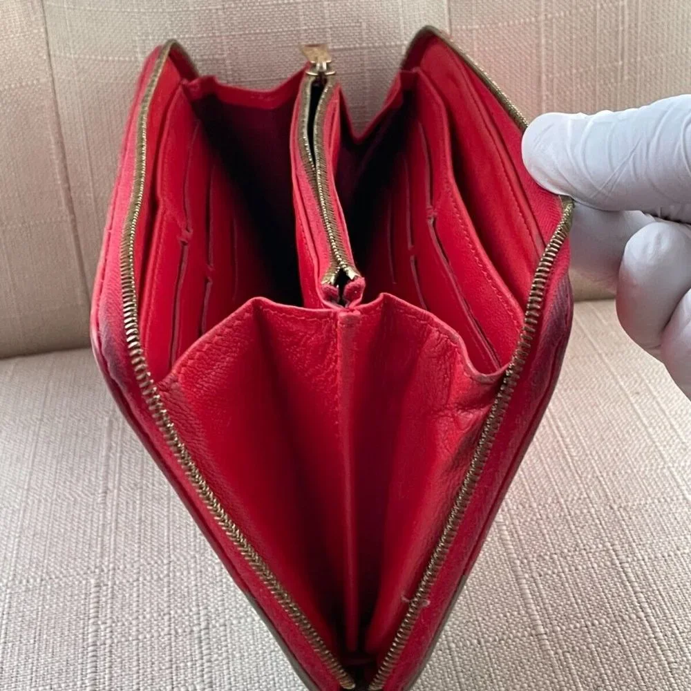 Celine Women Clutch Wallet Card Holder Red/Gray Genuine Leather Zip Around Purse - Picture 11 of 12